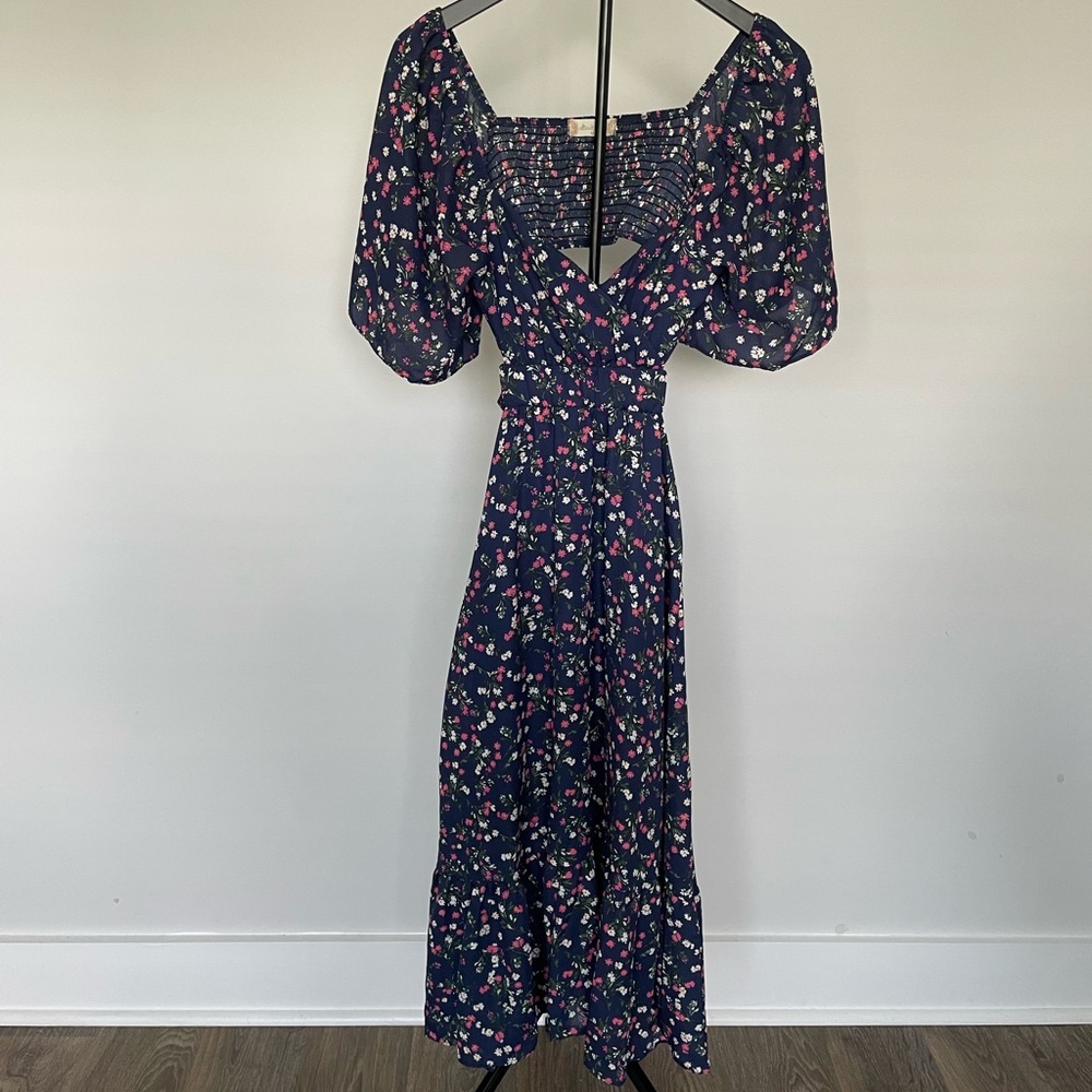 Altar’d State Cottagecore Floral Open Back Puff Sleeve Midi Dress M